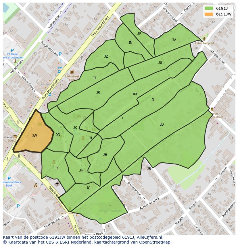 Afbeelding van het postcodegebied 6191 JW op de kaart.
