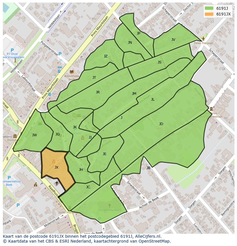 Afbeelding van het postcodegebied 6191 JX op de kaart.
