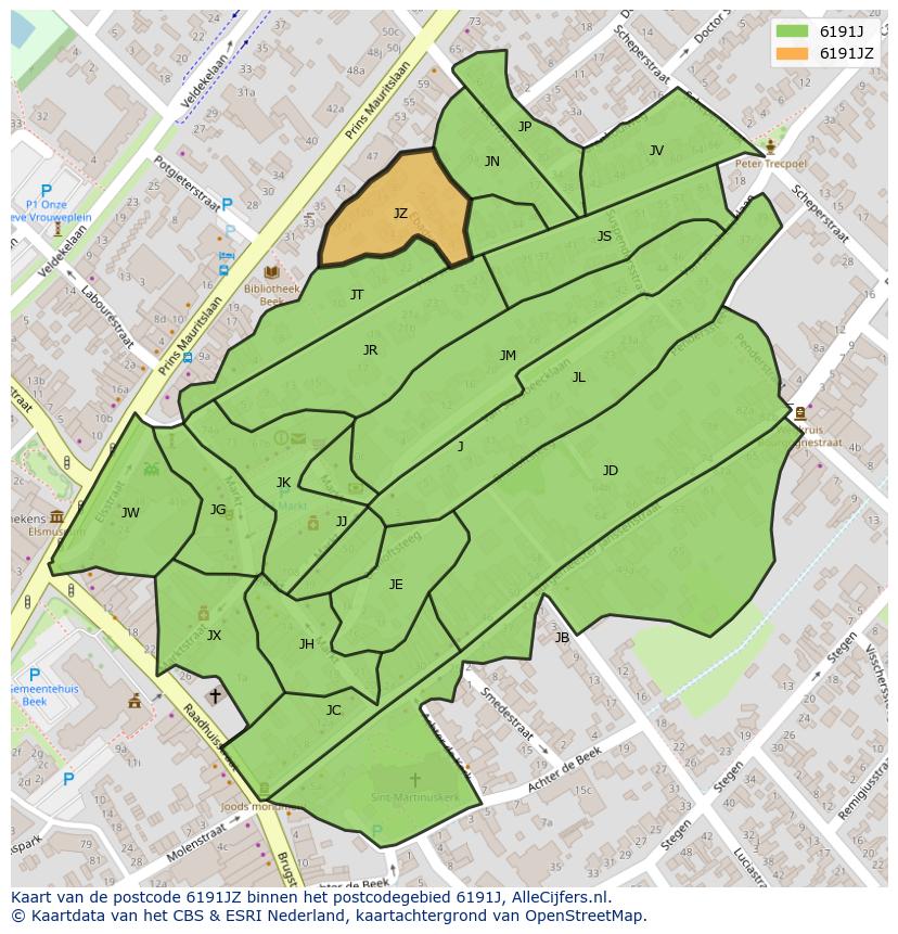 Afbeelding van het postcodegebied 6191 JZ op de kaart.