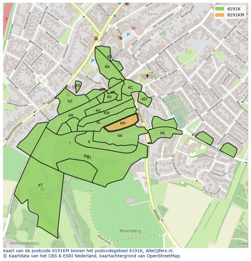 Afbeelding van het postcodegebied 6191 KM op de kaart.