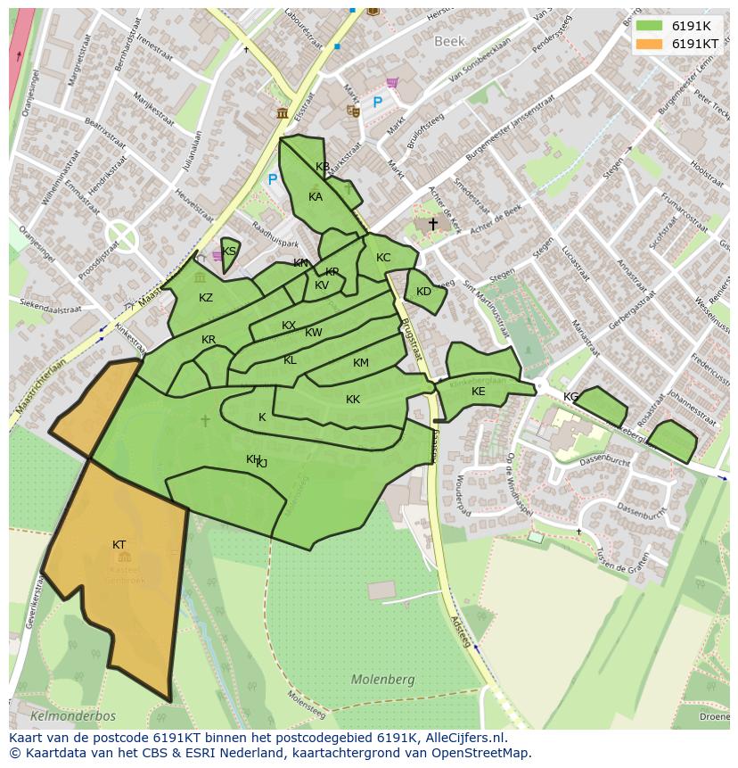 Afbeelding van het postcodegebied 6191 KT op de kaart.