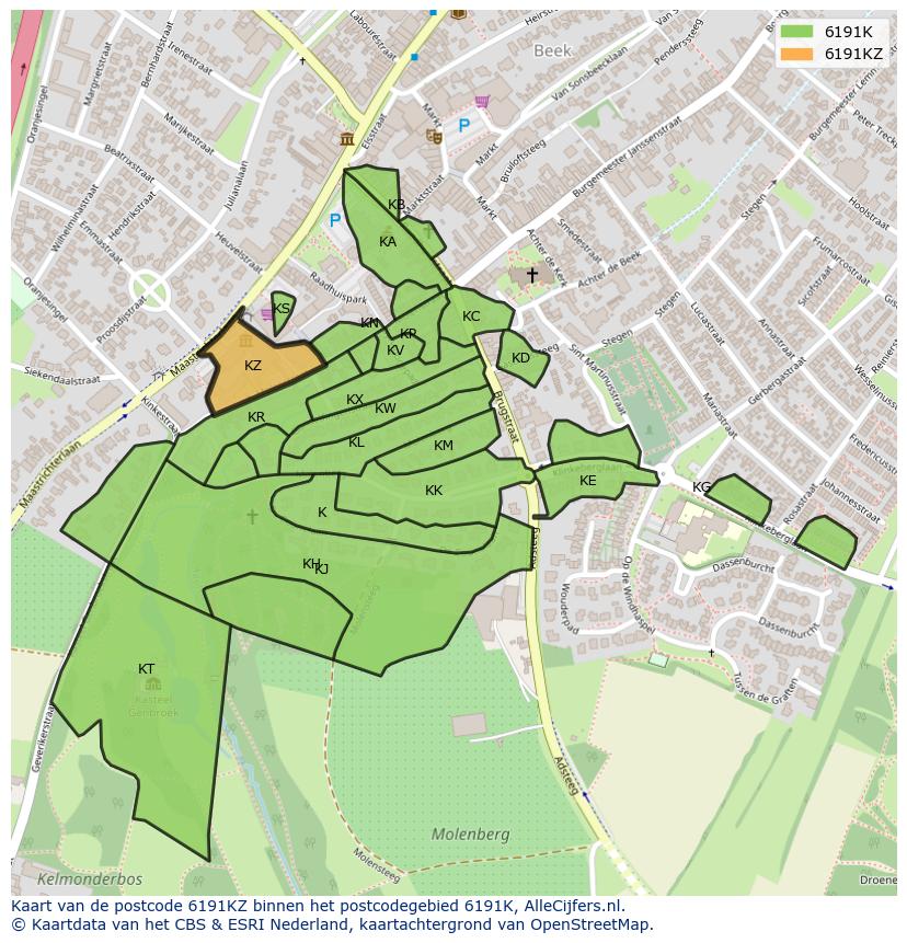 Afbeelding van het postcodegebied 6191 KZ op de kaart.