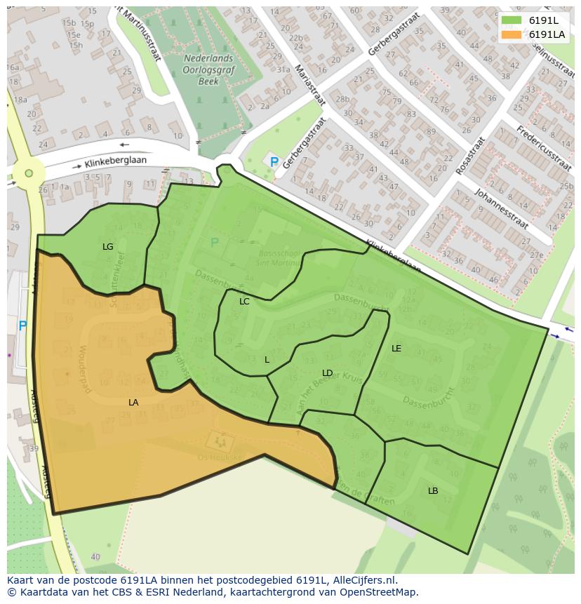 Afbeelding van het postcodegebied 6191 LA op de kaart.