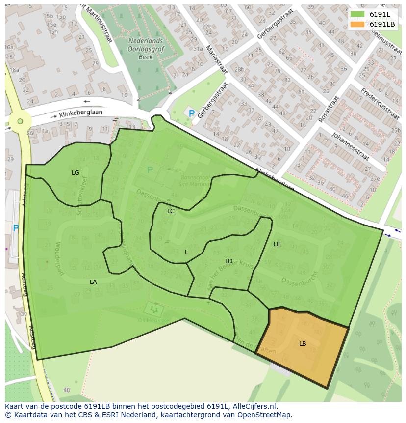 Afbeelding van het postcodegebied 6191 LB op de kaart.