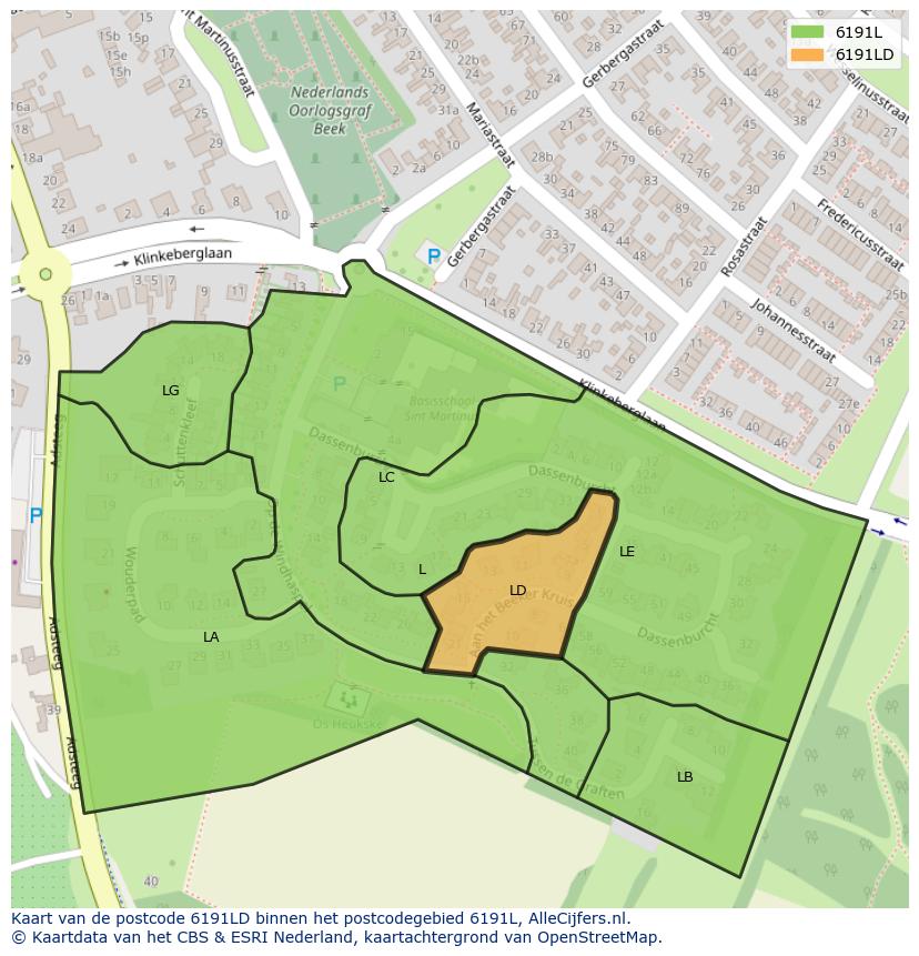 Afbeelding van het postcodegebied 6191 LD op de kaart.