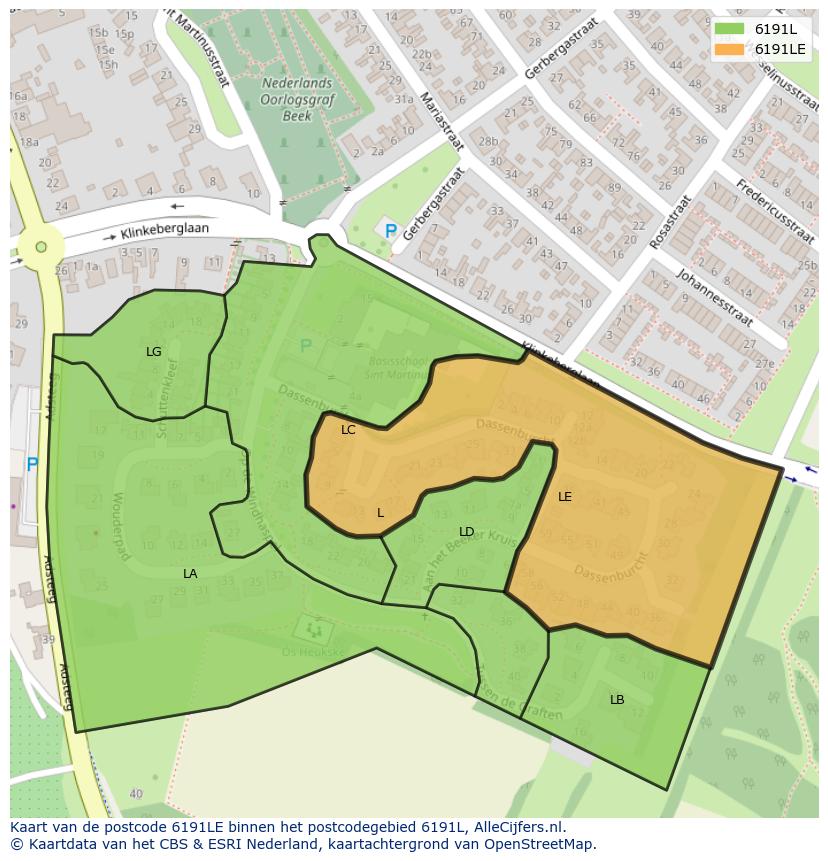 Afbeelding van het postcodegebied 6191 LE op de kaart.