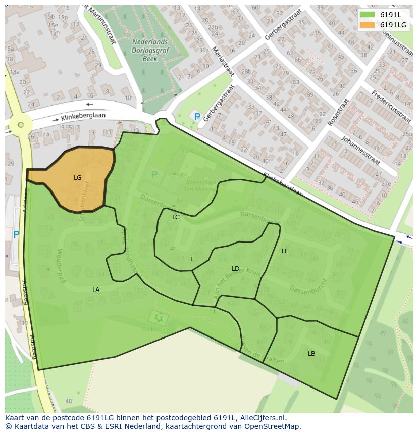 Afbeelding van het postcodegebied 6191 LG op de kaart.