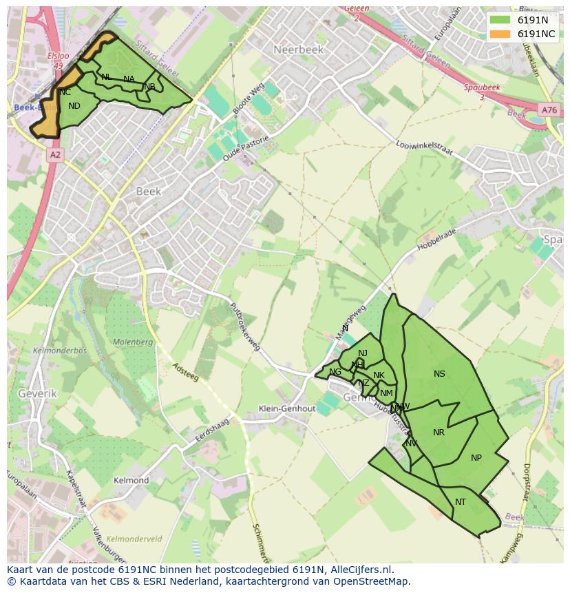 Afbeelding van het postcodegebied 6191 NC op de kaart.