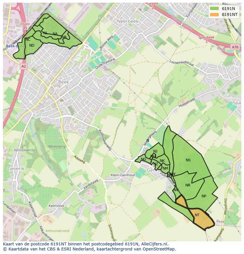 Afbeelding van het postcodegebied 6191 NT op de kaart.