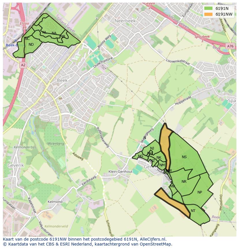 Afbeelding van het postcodegebied 6191 NW op de kaart.