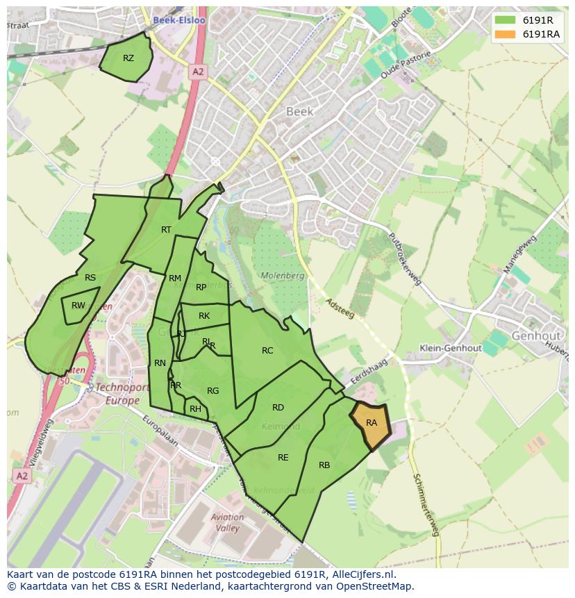 Afbeelding van het postcodegebied 6191 RA op de kaart.