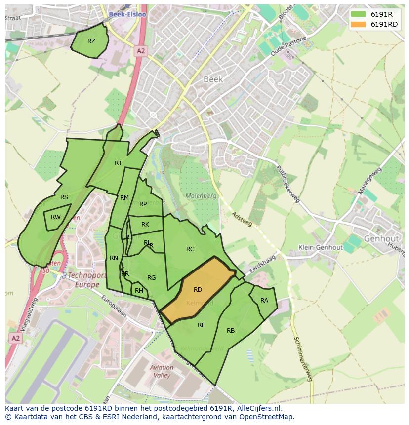 Afbeelding van het postcodegebied 6191 RD op de kaart.