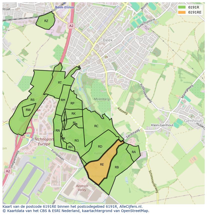 Afbeelding van het postcodegebied 6191 RE op de kaart.