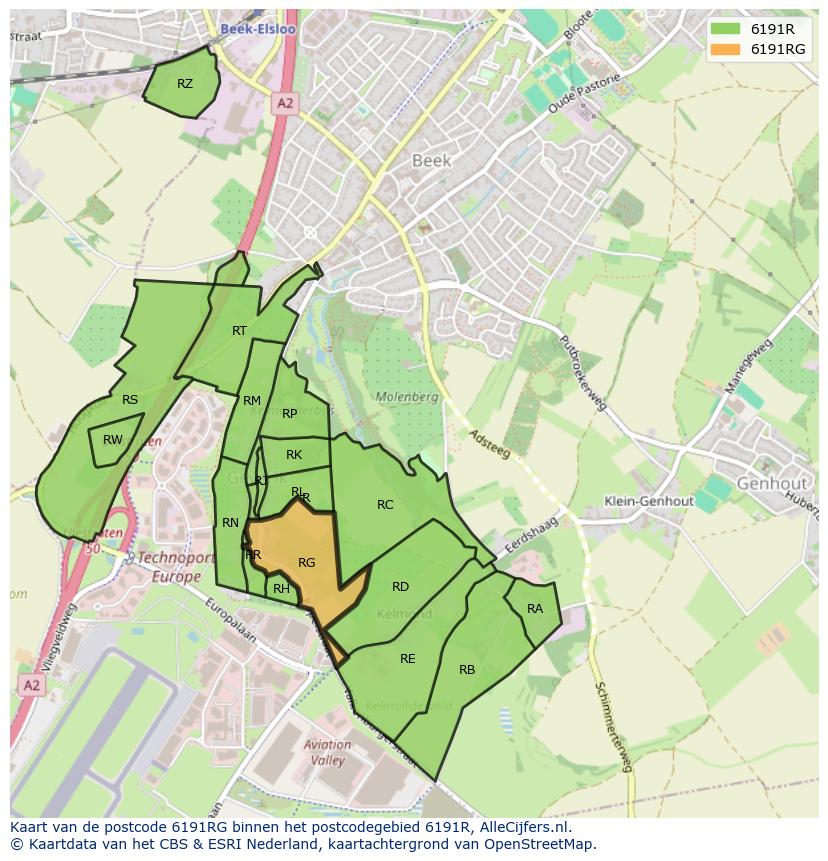Afbeelding van het postcodegebied 6191 RG op de kaart.