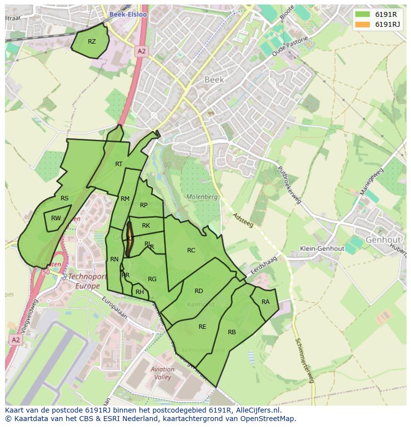 Afbeelding van het postcodegebied 6191 RJ op de kaart.