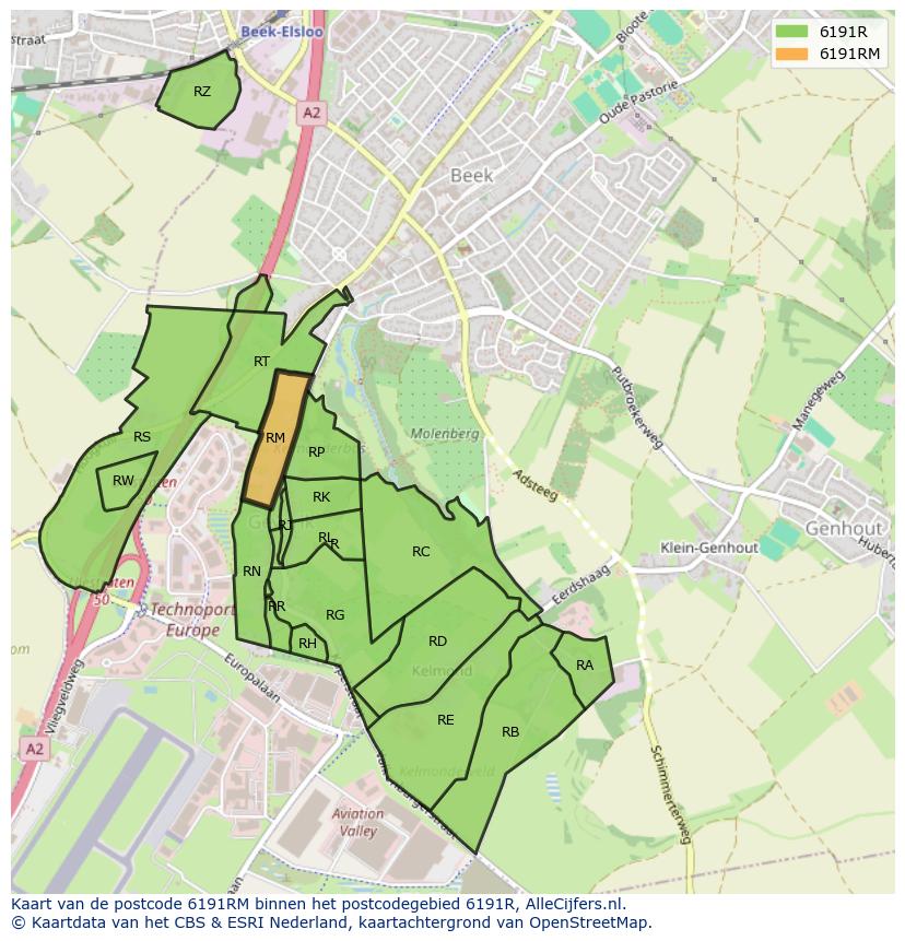 Afbeelding van het postcodegebied 6191 RM op de kaart.