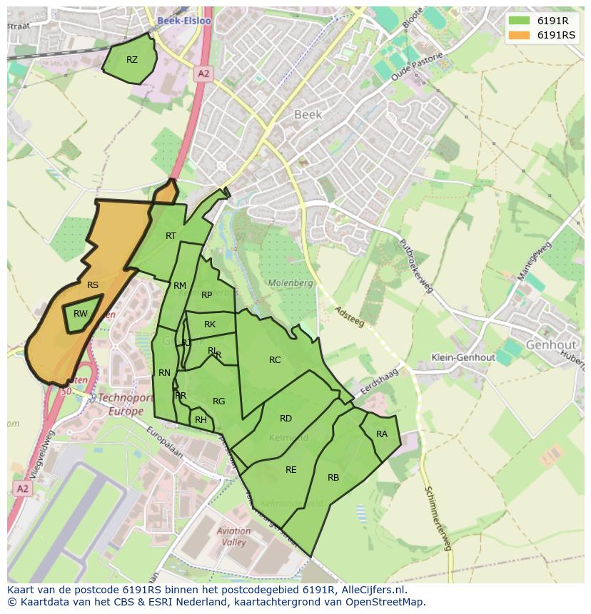 Afbeelding van het postcodegebied 6191 RS op de kaart.