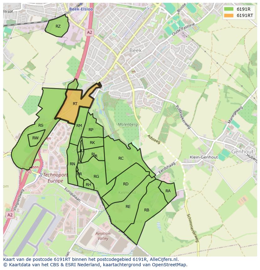 Afbeelding van het postcodegebied 6191 RT op de kaart.