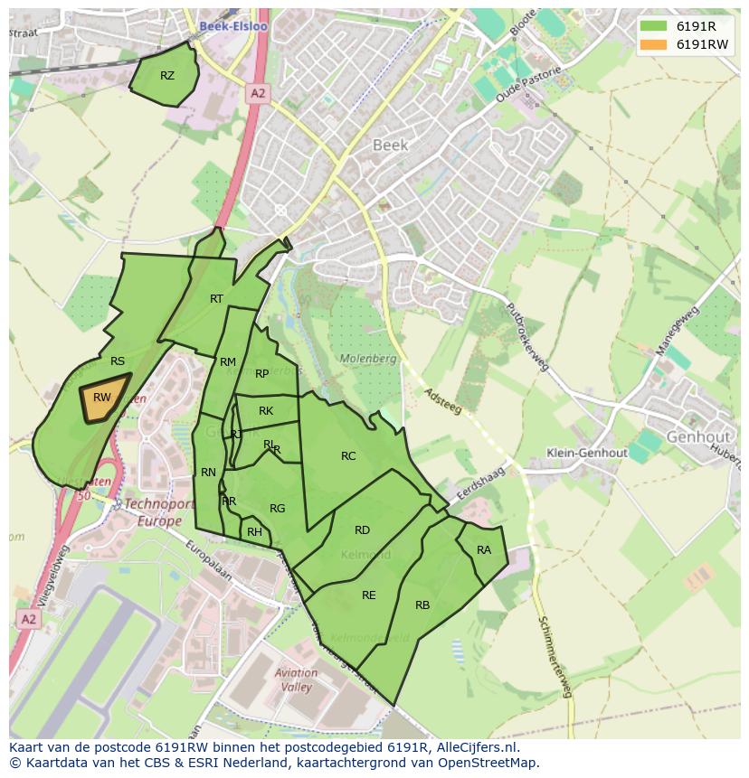 Afbeelding van het postcodegebied 6191 RW op de kaart.