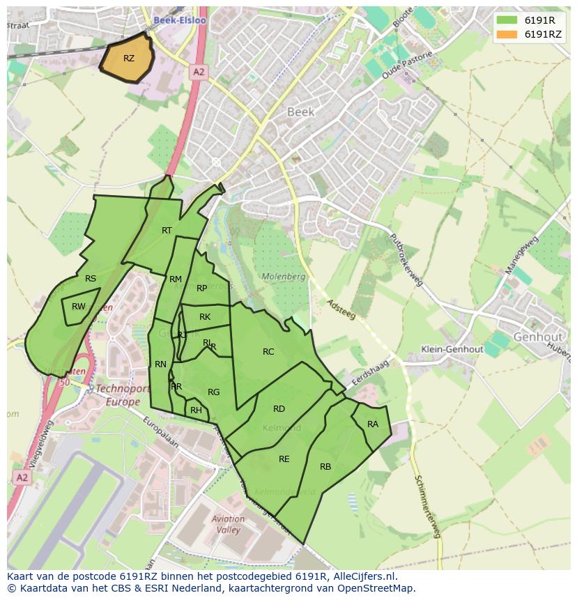 Afbeelding van het postcodegebied 6191 RZ op de kaart.