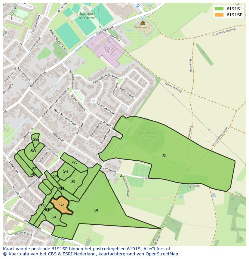 Afbeelding van het postcodegebied 6191 SP op de kaart.