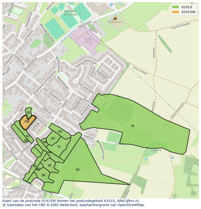 Afbeelding van het postcodegebied 6191 SW op de kaart.
