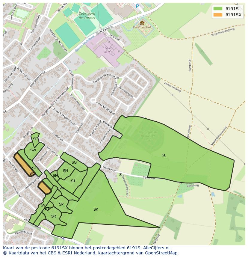 Afbeelding van het postcodegebied 6191 SX op de kaart.