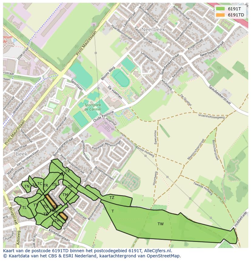 Afbeelding van het postcodegebied 6191 TD op de kaart.