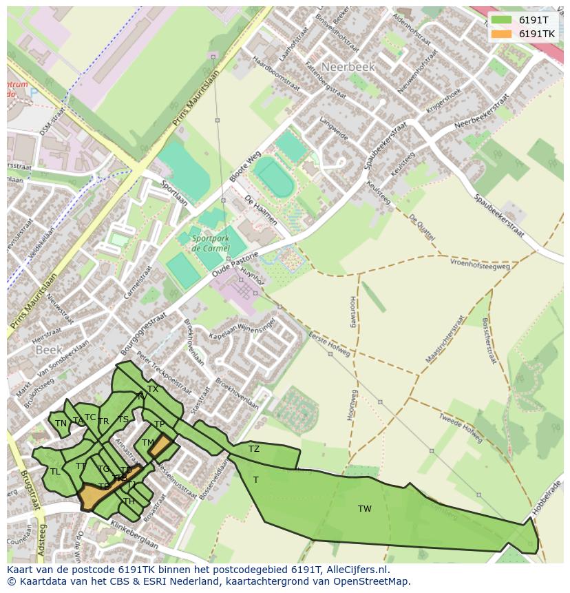Afbeelding van het postcodegebied 6191 TK op de kaart.