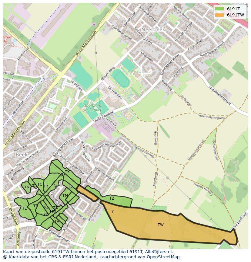Afbeelding van het postcodegebied 6191 TW op de kaart.