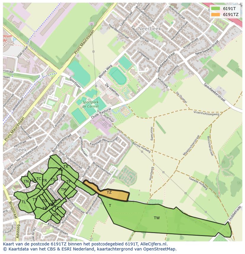 Afbeelding van het postcodegebied 6191 TZ op de kaart.