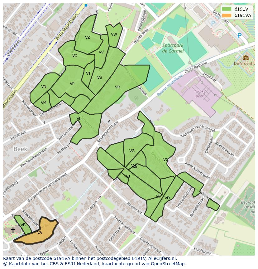 Afbeelding van het postcodegebied 6191 VA op de kaart.