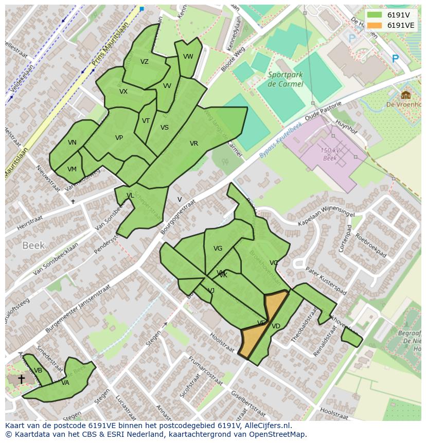 Afbeelding van het postcodegebied 6191 VE op de kaart.
