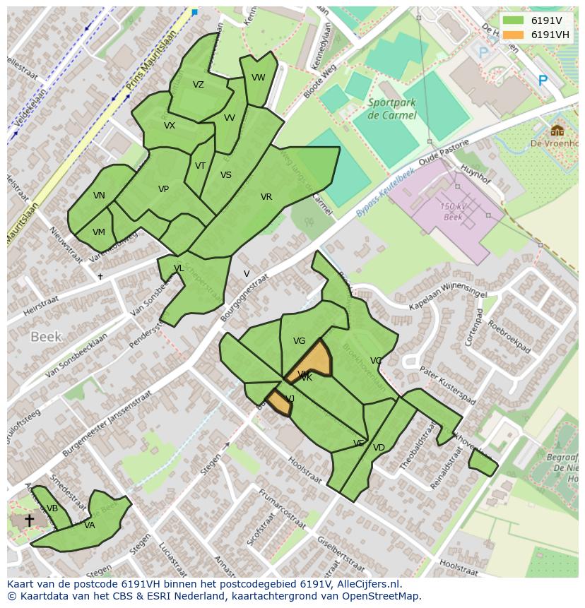 Afbeelding van het postcodegebied 6191 VH op de kaart.
