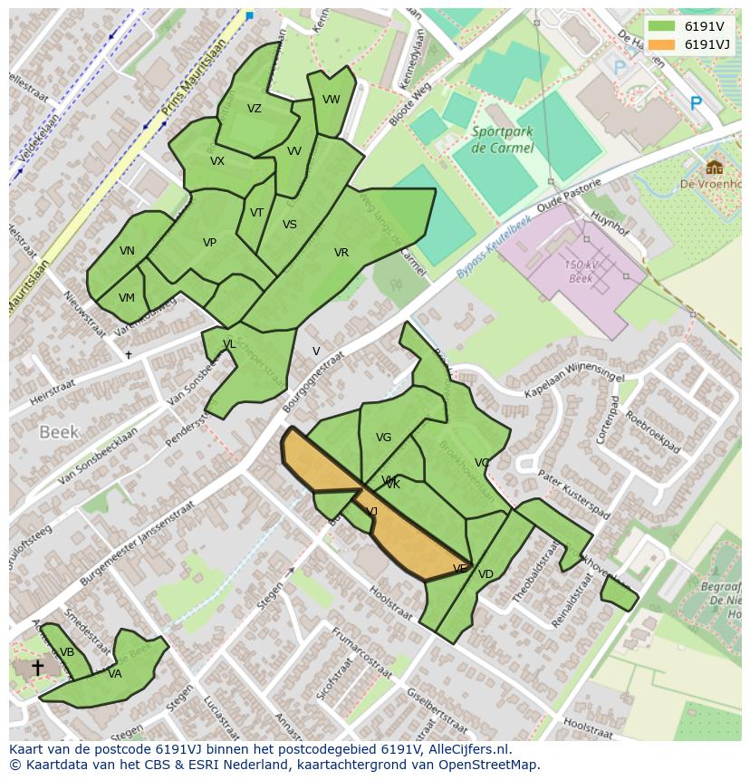 Afbeelding van het postcodegebied 6191 VJ op de kaart.