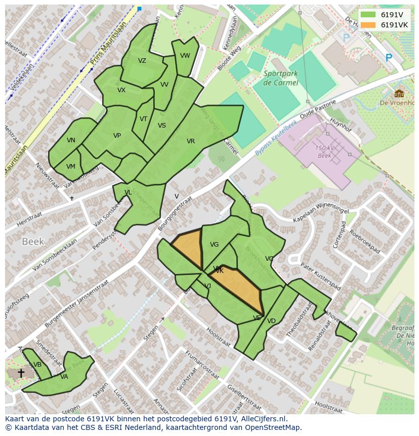 Afbeelding van het postcodegebied 6191 VK op de kaart.