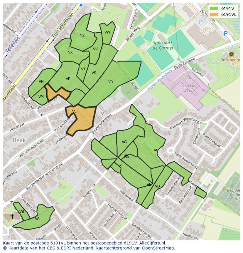 Afbeelding van het postcodegebied 6191 VL op de kaart.