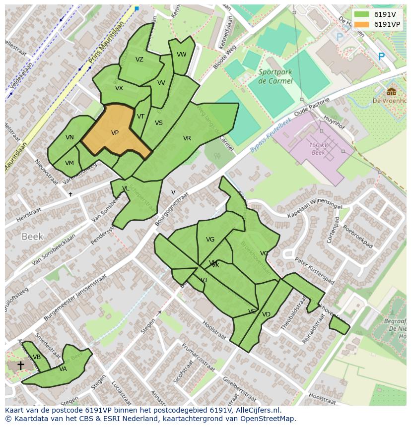 Afbeelding van het postcodegebied 6191 VP op de kaart.