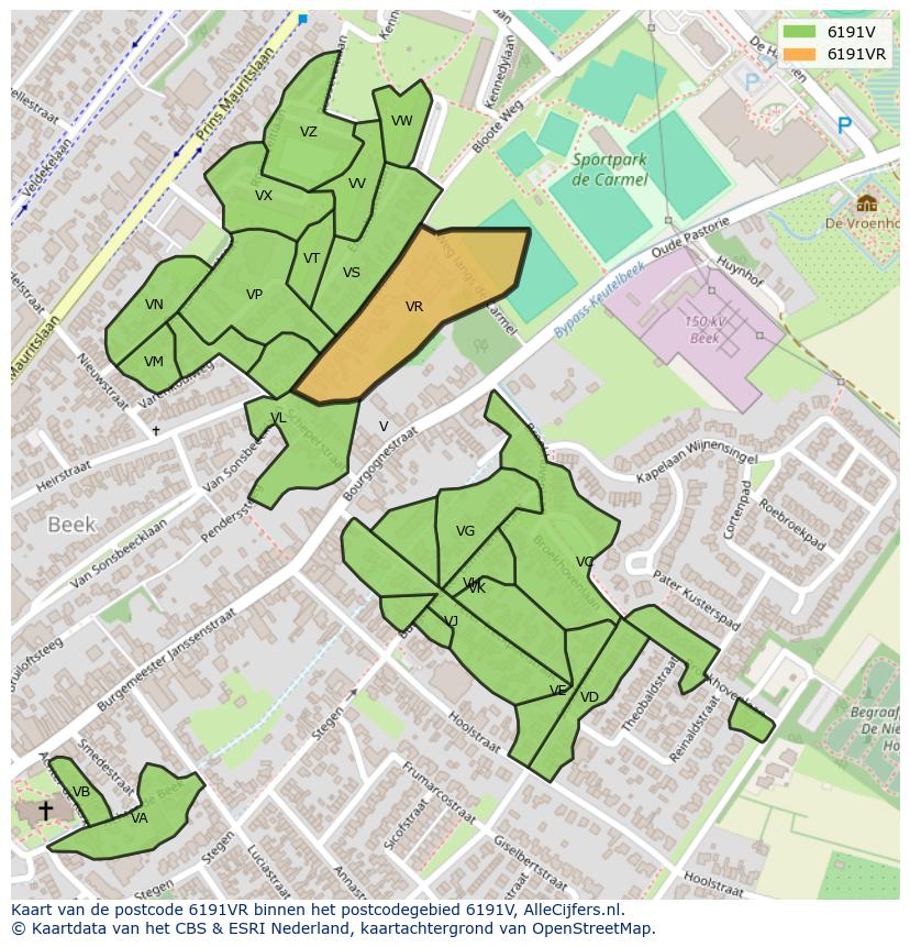 Afbeelding van het postcodegebied 6191 VR op de kaart.