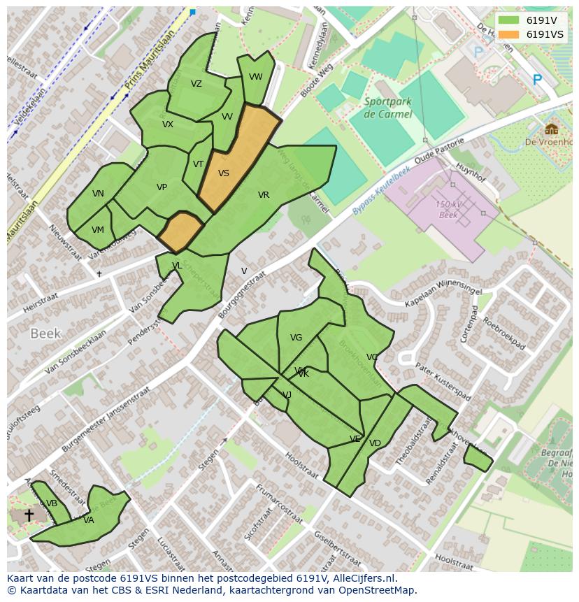 Afbeelding van het postcodegebied 6191 VS op de kaart.