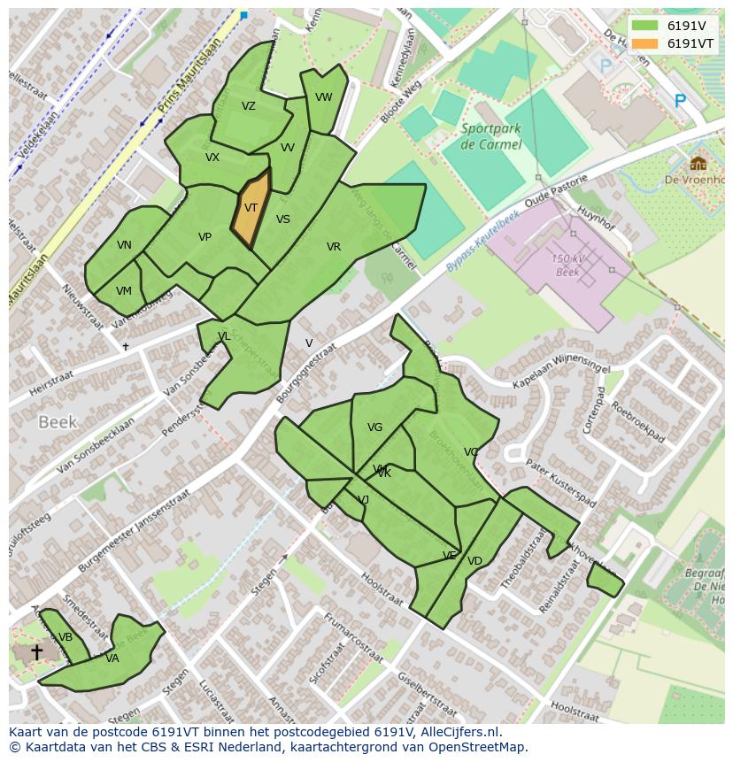 Afbeelding van het postcodegebied 6191 VT op de kaart.