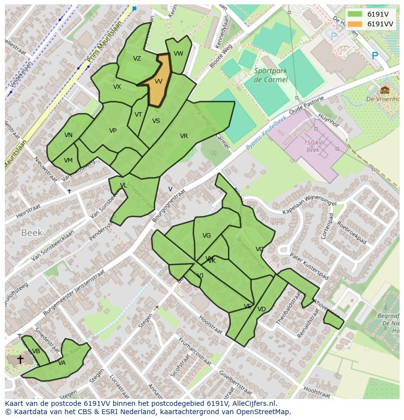 Afbeelding van het postcodegebied 6191 VV op de kaart.