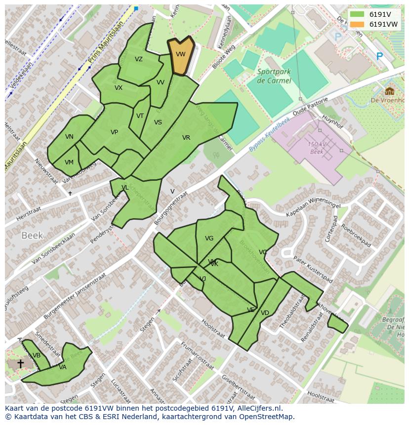 Afbeelding van het postcodegebied 6191 VW op de kaart.