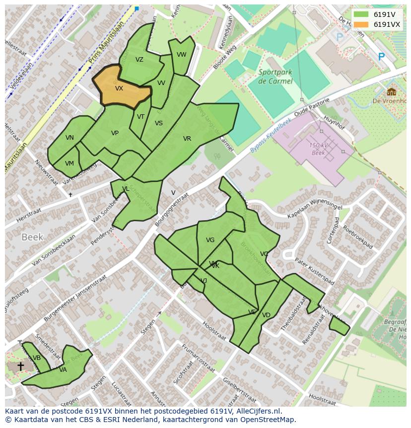 Afbeelding van het postcodegebied 6191 VX op de kaart.