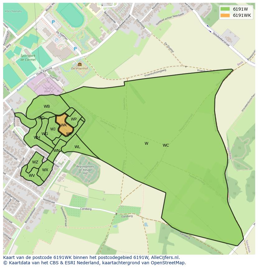 Afbeelding van het postcodegebied 6191 WK op de kaart.