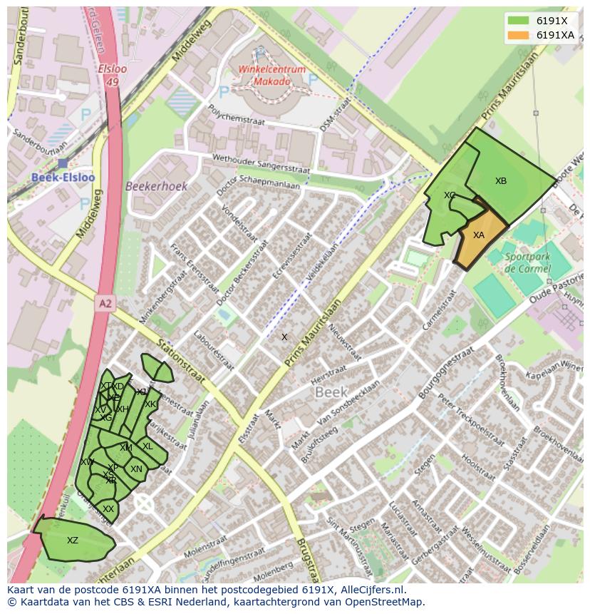 Afbeelding van het postcodegebied 6191 XA op de kaart.