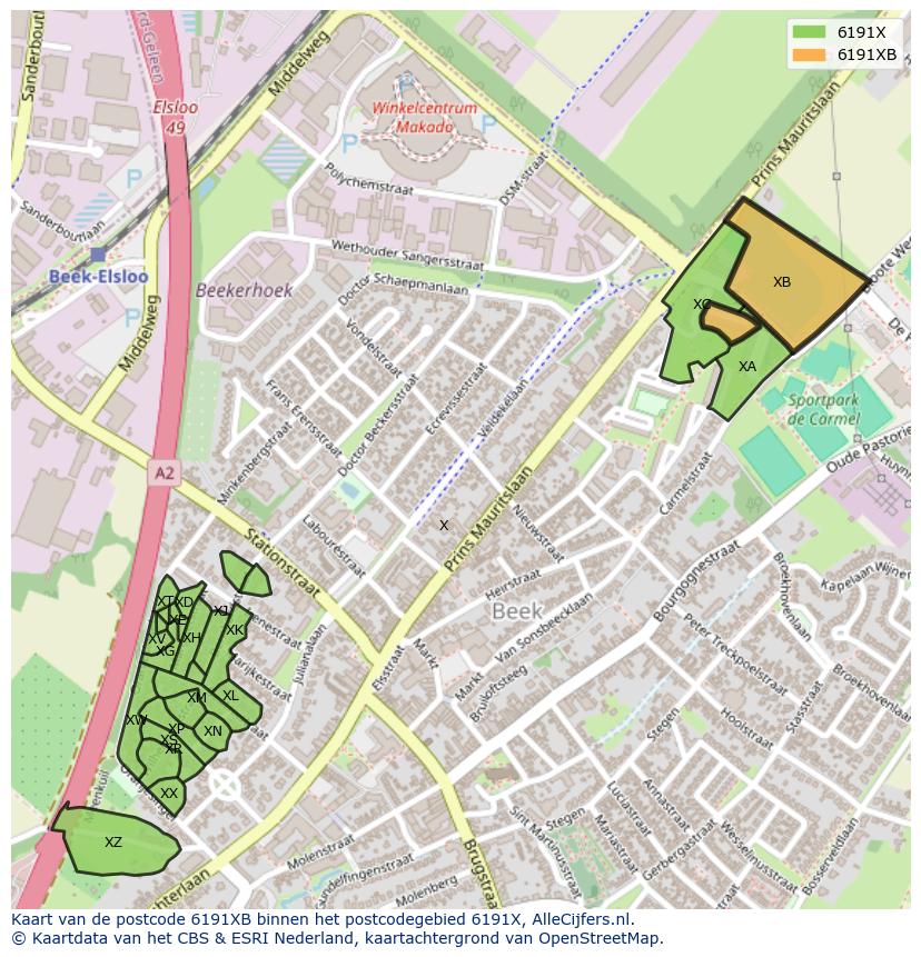 Afbeelding van het postcodegebied 6191 XB op de kaart.