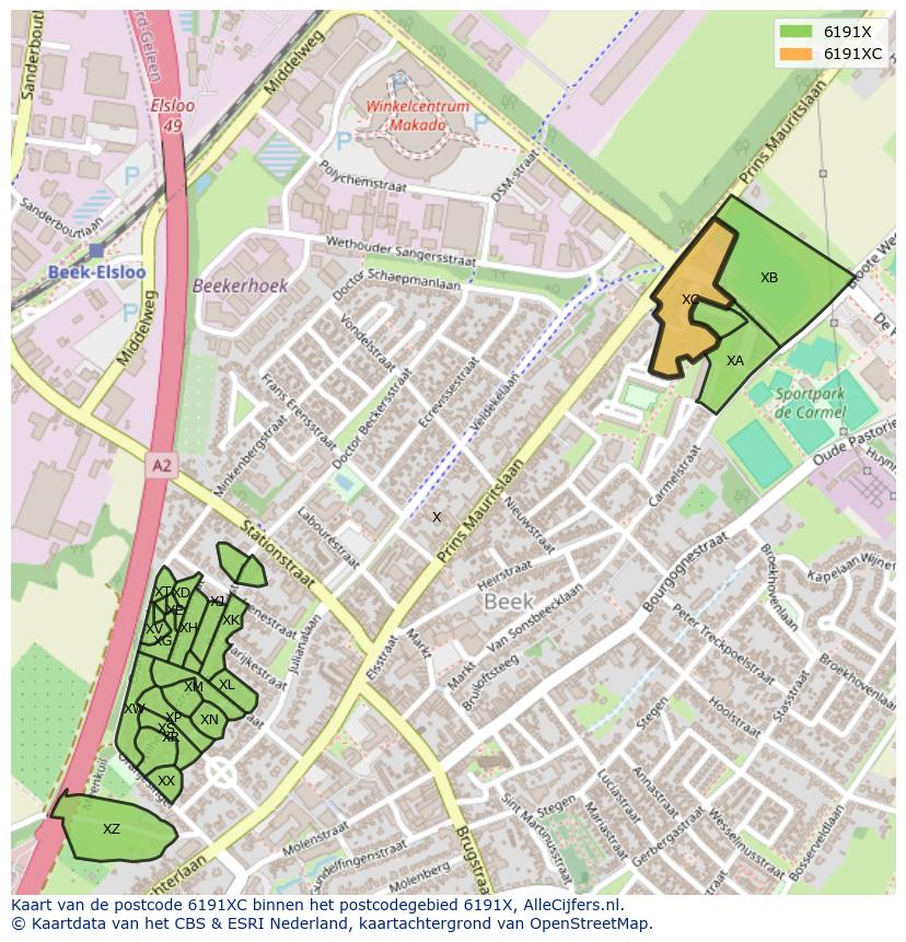 Afbeelding van het postcodegebied 6191 XC op de kaart.