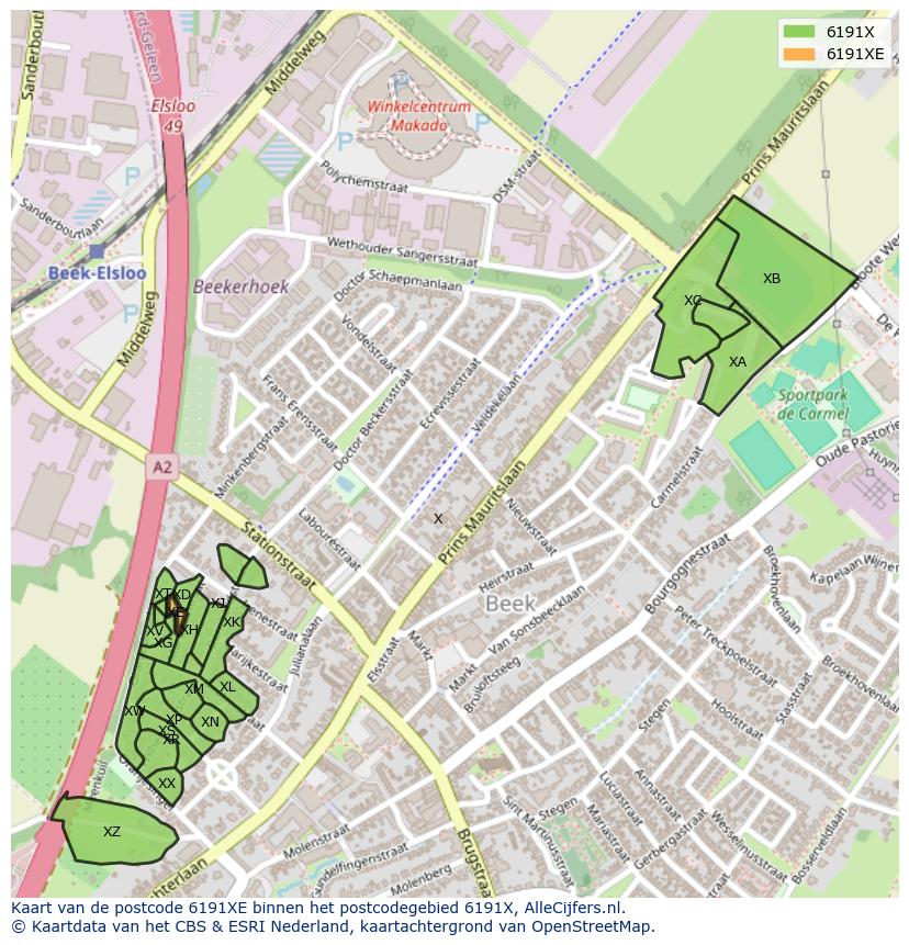 Afbeelding van het postcodegebied 6191 XE op de kaart.