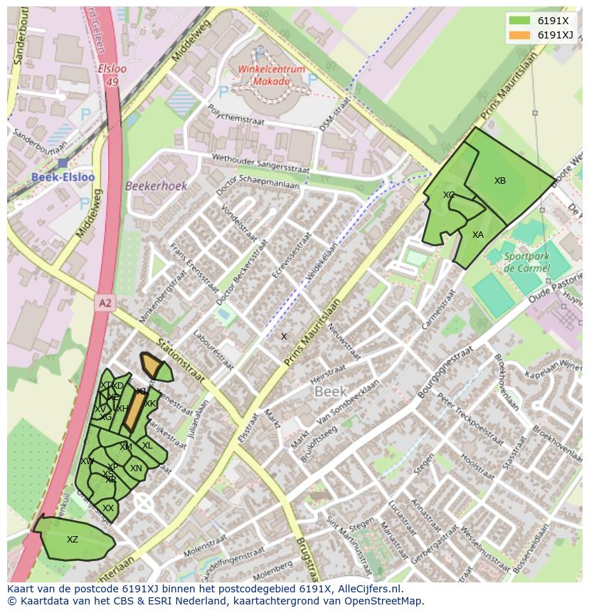 Afbeelding van het postcodegebied 6191 XJ op de kaart.